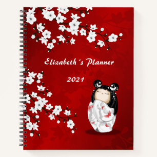 Cuaderno Kokeshi Doll Rojo Flor de cerezo blanco tu nombre