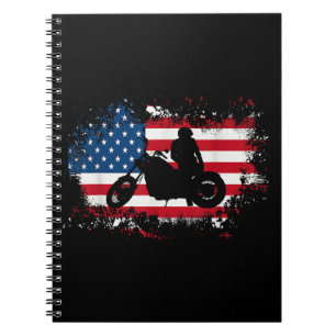 Cuaderno La bandera estadounidense en motocicleta divertida