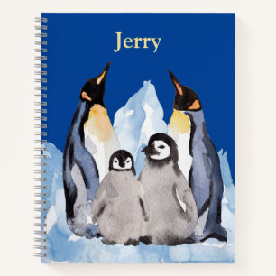 Cuaderno La familia de los pingüinos con nombre en azul pr