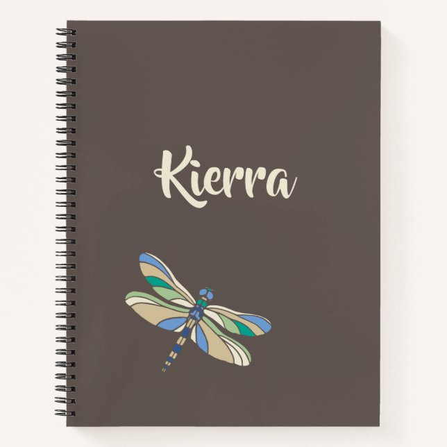 Cuaderno La libélula elegante en marrón y azul con nombre (Anverso)