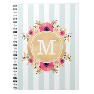 Cuaderno La menta raya monograma del oro de las flores de