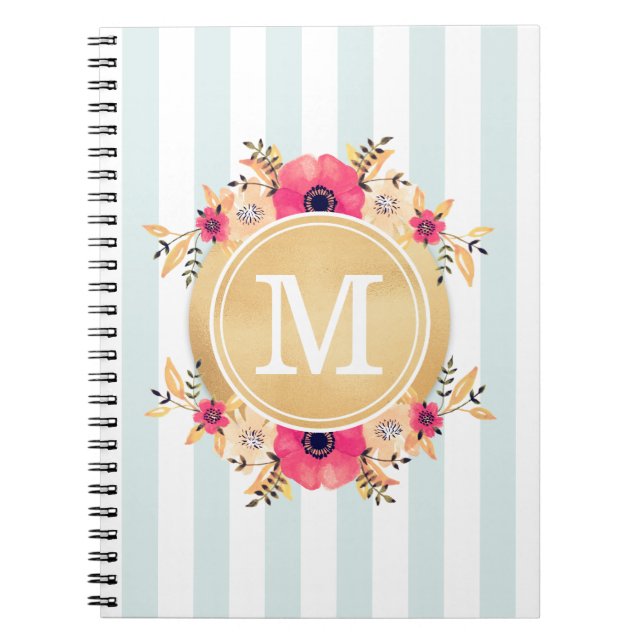 Cuaderno La menta raya monograma del oro de las flores de (Frente)