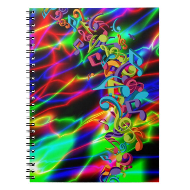 Cuaderno la música colorida observa el fondo brillante de (Frente)