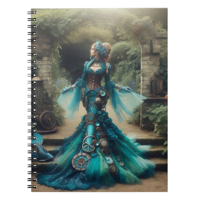 Cuaderno La sirena Verde azulada de Steampunk Vintage (Frente)