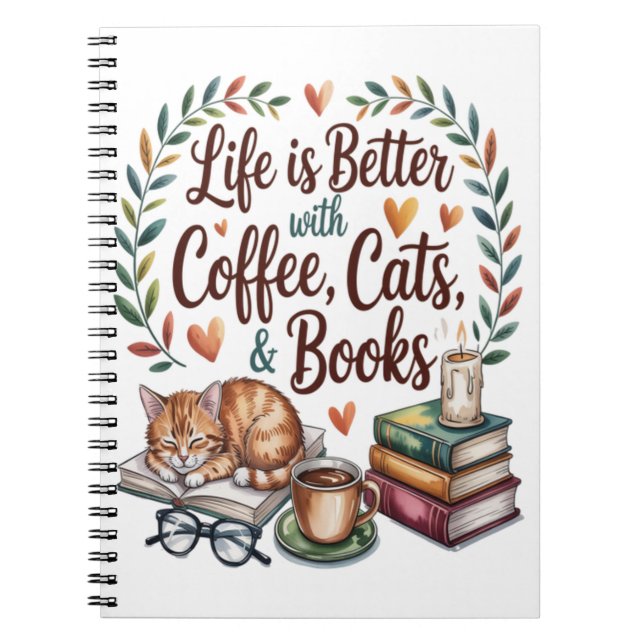 Cuaderno La vida es mejor con café gatos libros (Frente)