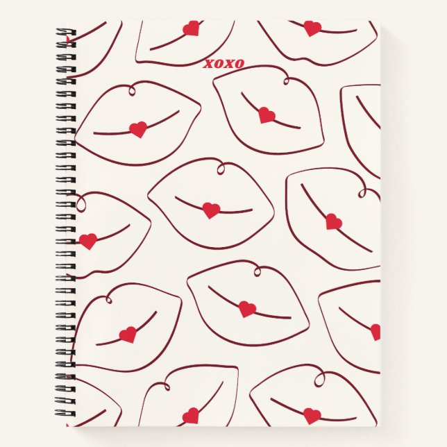 Cuaderno Labios Patrón de Arte de Línea Retro y Corazones R (Anverso)