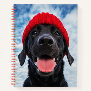 Cuaderno Labrador feliz en una Beanie Roja bajo un cielo az