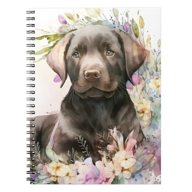 Cuaderno Labrador Retriever marrón y flores a la acuarela (Frente)