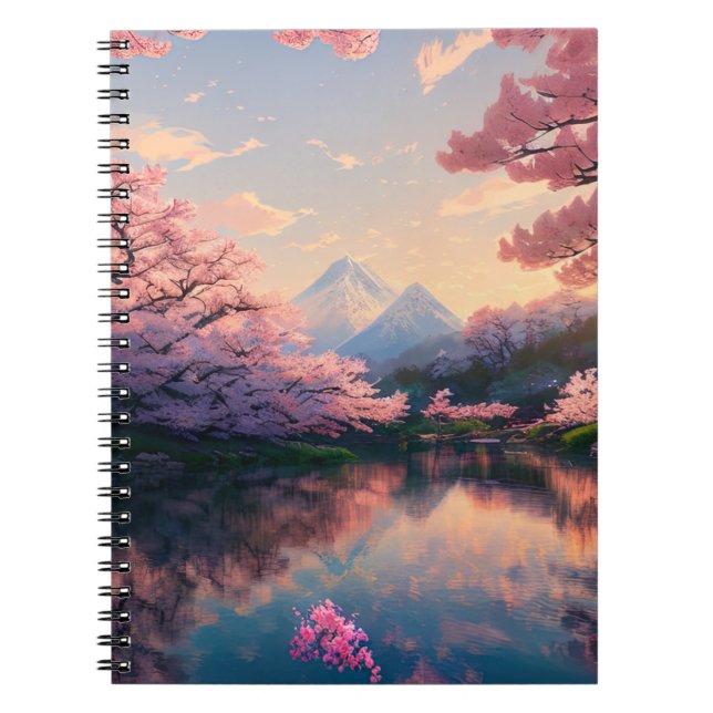 Cuaderno Lago abrazado por árboles de flores de cerezo (Frente)