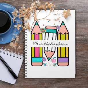 Cuaderno Lápiz de dibujos animados con nombre de maestro co
