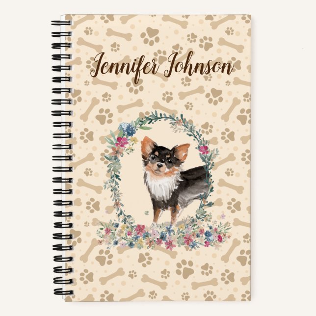 Cuaderno Larga morada de Chihuahua Perro Paw Print & Floral (Anverso)