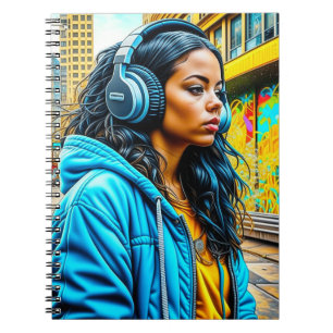 Cuaderno Latina Chica en un ambiente urbano con audífonos