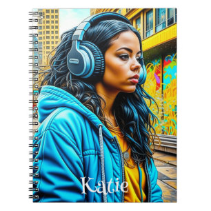 Cuaderno Latina Chica en un ambiente urbano con audífonos