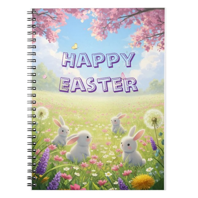 Cuaderno Lavender Easter Cute White Bunny Floral Spring  (Frente)