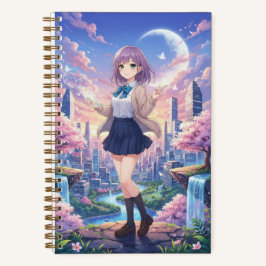Cuaderno Lavender Hair Anime Girl & Sunset Cityscape 