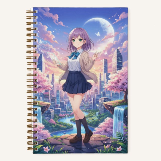Cuaderno Lavender Hair Anime Girl & Sunset Cityscape  (Anverso)