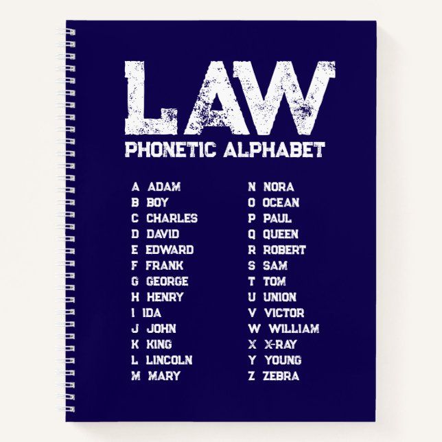 Cuaderno LAW Phonetic Alphabet – Navy Blue Spiral Notebook (Anverso)