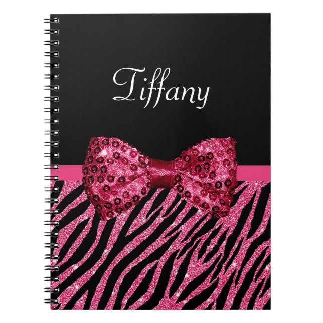 Cuaderno Lazo de cebra con brillo rosa caliente Nombre (Frente)