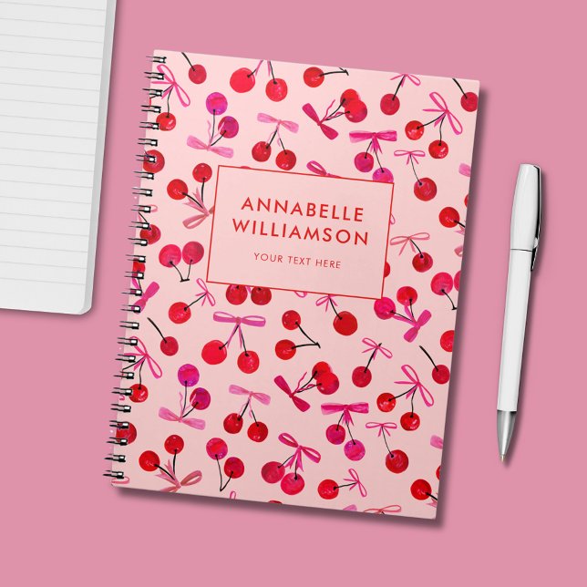 Cuaderno Lazo rosa y cereza (Cute cherry & bow, coquette aesthetic, personalized notebook/journal.)