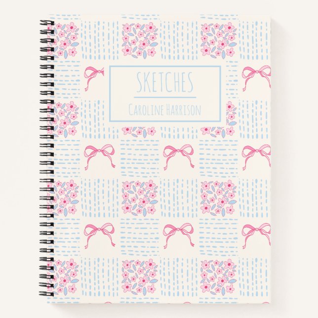 Cuaderno Lazos Coquette Rosado Azul Flores Nombre Personali (Anverso)