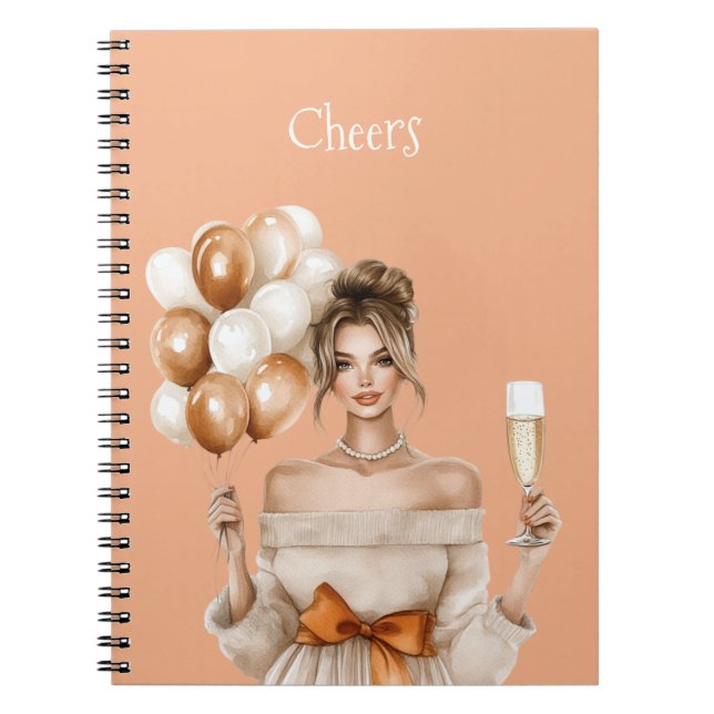 Cuaderno Lazos naranjas femeninos globos blancos de bronce (Frente)