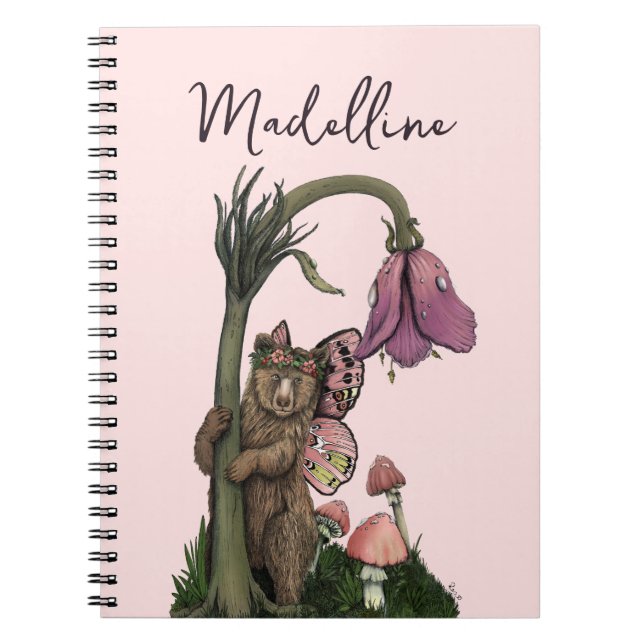 Cuaderno Leche de oso gris rosado en bosque encantado (Frente)
