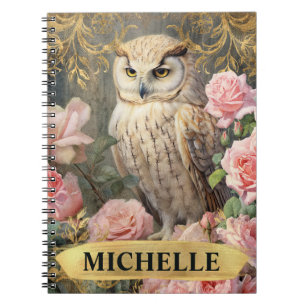 Cuaderno Lechuza blanca de color de agua y rosas rosadas