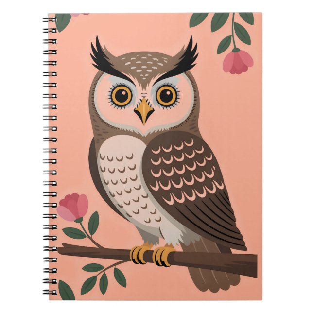 Cuaderno Lechuza Marrón Estilizada en Rama con Flores Rosad (Frente)