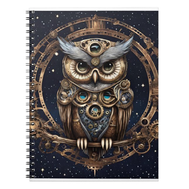 Cuaderno Lechuza Steampunk contra el cielo estrellado (Frente)