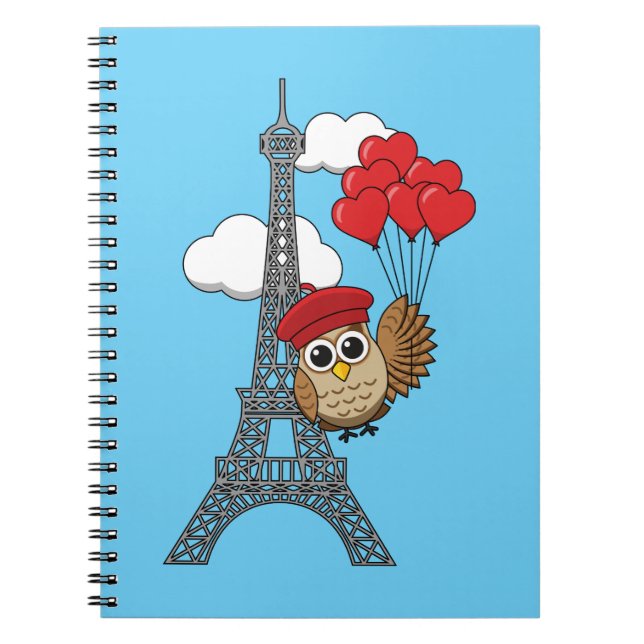 Cuaderno Lechuza volando con globos cardíacos en París (Frente)