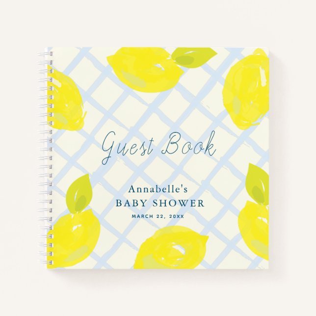 Cuaderno Lemon Citrus Blue Check Baby Shower Guest Book (Anverso)
