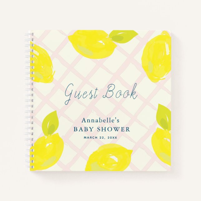 Cuaderno Lemon Citrus Pink Check Baby Shower Guest Book (Anverso)