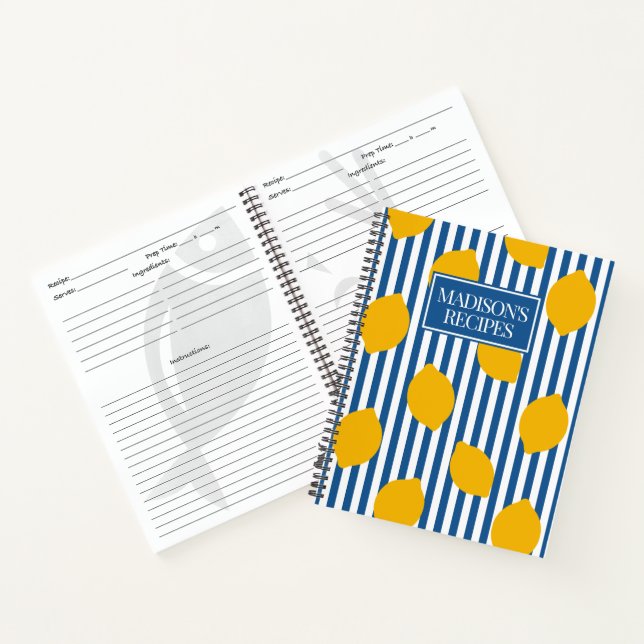 Cuaderno Lemon Rustic Farmhouse Blue & White Stripe Recipe (Interior)