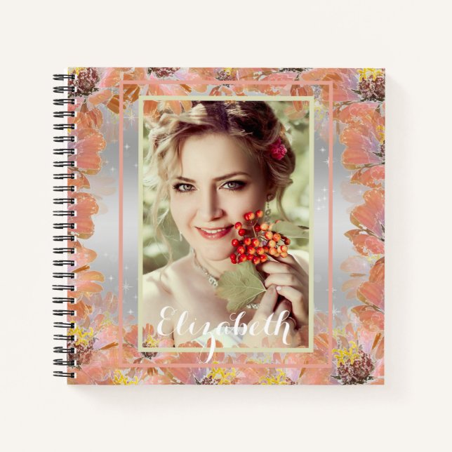 Cuaderno Leña, flores naranjas, floral (Anverso)