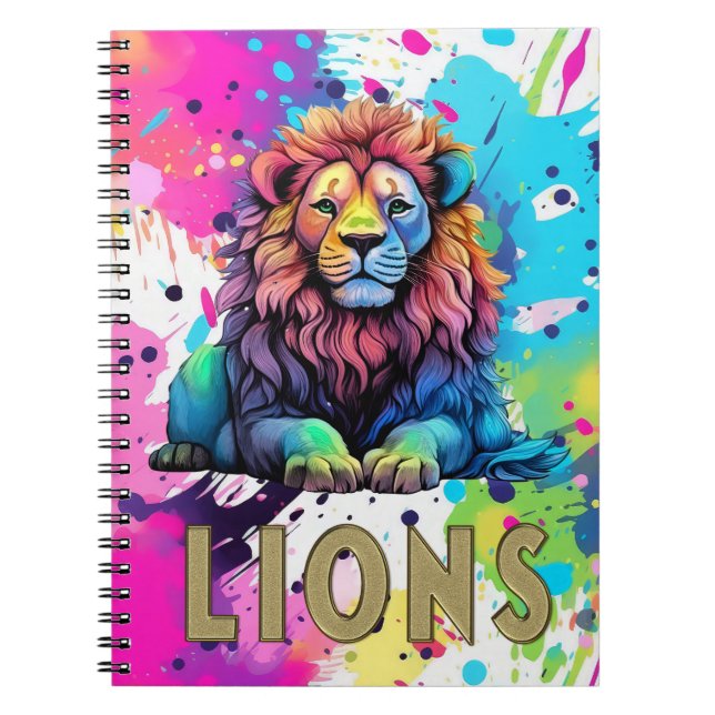 Cuaderno León Arcoíris con Niños de Salpicaduras de Pintura (Frente)