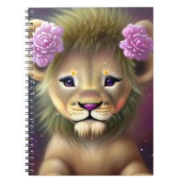 Cuaderno León bebé lindo con flores rosadas gráfico