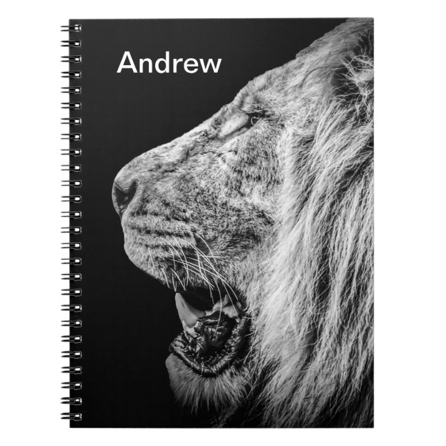 Cuaderno León sobre el nombre personalizado negro (Frente)