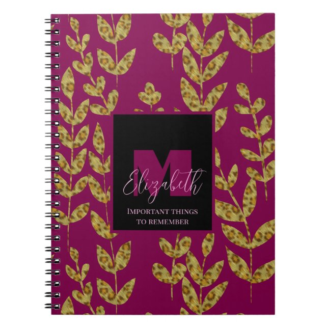 Cuaderno Leopard Botanic Wine Pink Monograma Personalizado  (Frente)