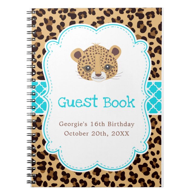 Cuaderno Leopard Print Blue Quatrefoil Birthday Party (Frente)