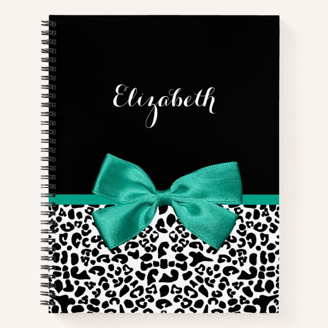 Cuaderno Leopard Print Emerald Green Ribbon Bow Nombre Moda (Anverso)