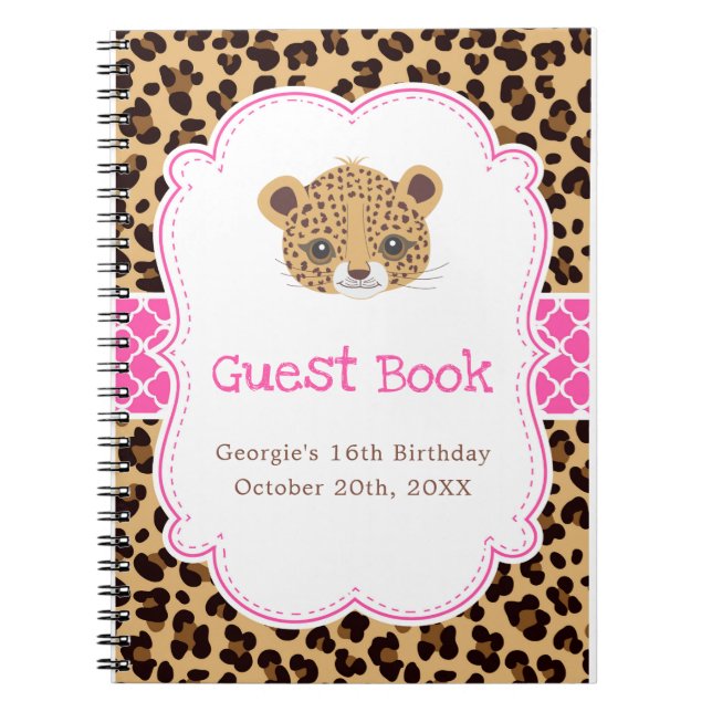 Cuaderno Leopard Print Pink Quatrefoil Birthday Guest Book (Frente)