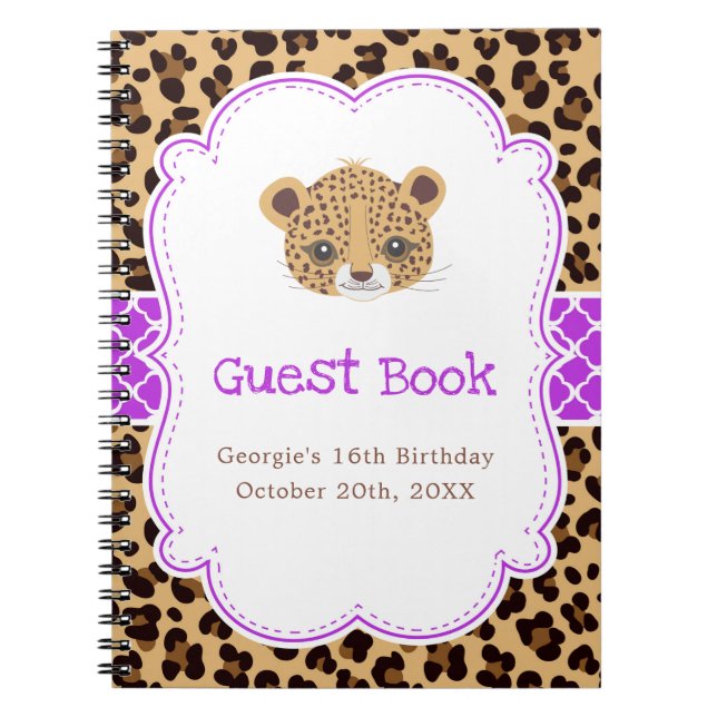 Cuaderno Leopard Print Purple Quatrefoil Birthda Guest  (Frente)
