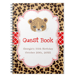 Cuaderno Leopard Print Red Quatrefoil Birthday Guest Book