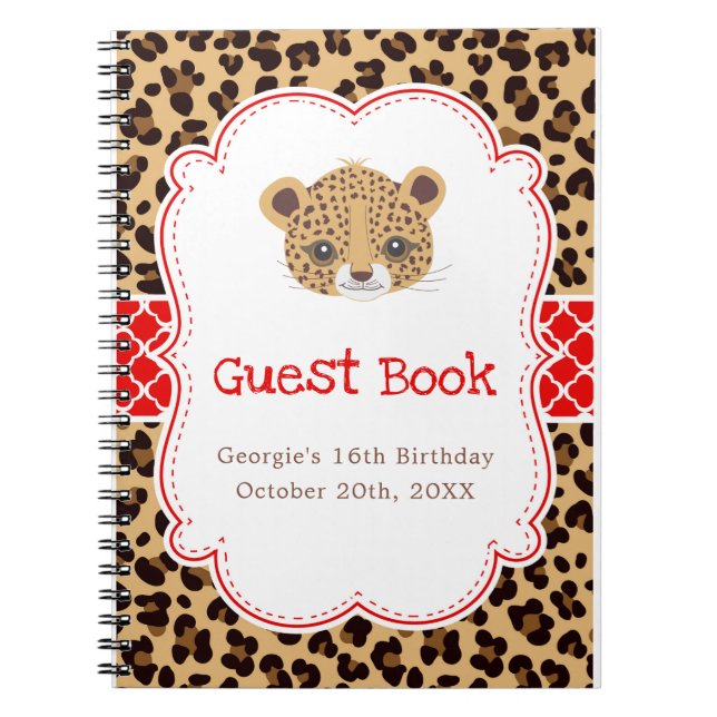 Cuaderno Leopard Print Red Quatrefoil Birthday Guest Book (Frente)