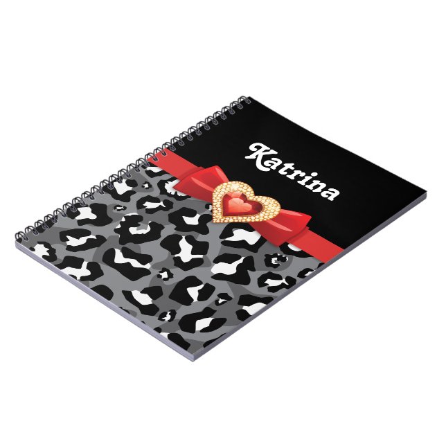 Cuaderno Leopardo blanco negro glamoroso, arco rojo y joyas (Lado Izquierdo)