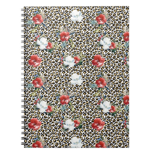 Cuaderno Leopardo dorado Imprimir Floral Blanco Rojo (Frente)