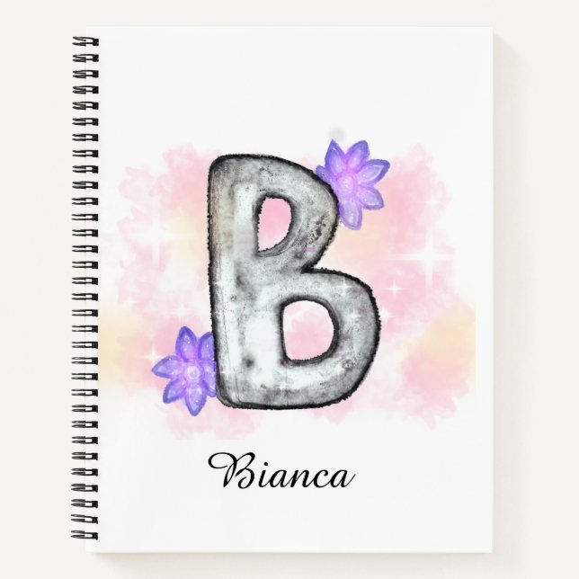 Cuaderno Letra acuarela B con flores moradas (Anverso)