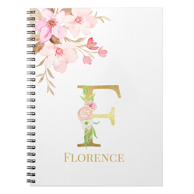 Cuaderno Letra acuarela floral y Gold F monograma (Frente)
