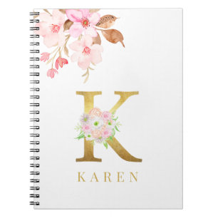 Cuaderno Letra acuarela floral y Gold k monograma