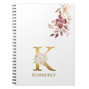 Cuaderno Letra acuarela floral y oro monograma K